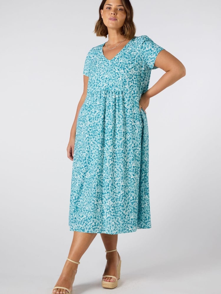 Live Unlimited Blue Ditsy Short Sleeve Midi Dress - Image 1 of 2