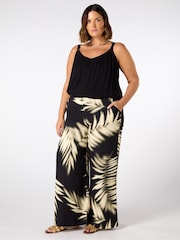 Live Unlimited Black Leaf Print Wide Leg Pull On Trousers - Image 3 of 5