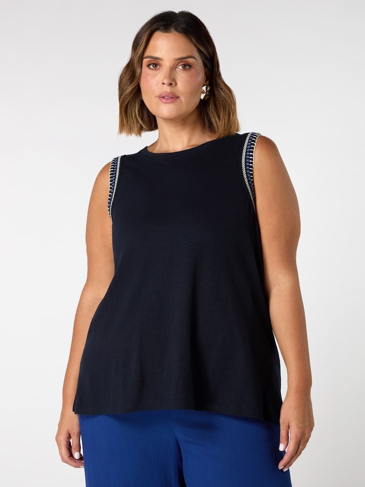 Live Unlimited Blue 100% Cotton Jersey Embroidered Vest - Image 1 of 3 Live Unlimited Blue 100% Cotton Jersey Embroidered Vest - Image 1 of 3