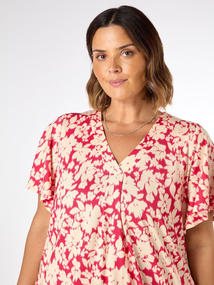 Live Unlimited Pink Floral Print Jersey Pleat Front Top - Image 3 of 3
