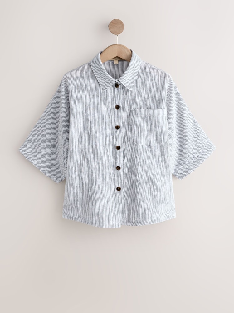 White Textured Short Sleeve Shirt with Linen - Image 1 of 3