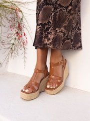 Novo Brown Wide Fit BEATRIX Tbar Wedge Espadrille Sandals - Image 1 of 6
