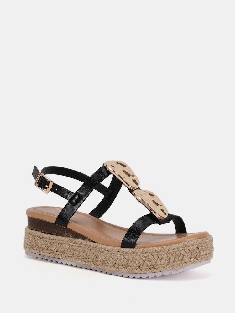 Novo Black Wide Fit SASKIA Hardware Detail Espadrille Flatform Sandals - Image 4 of 7