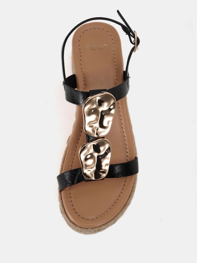 Novo Black Wide Fit SASKIA Hardware Detail Espadrille Flatform Sandals - Image 6 of 7
