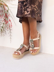 Novo Cream Wide Fit SASKIA Hardware Detail Espadrille Flatform Sandals - Image 1 of 6