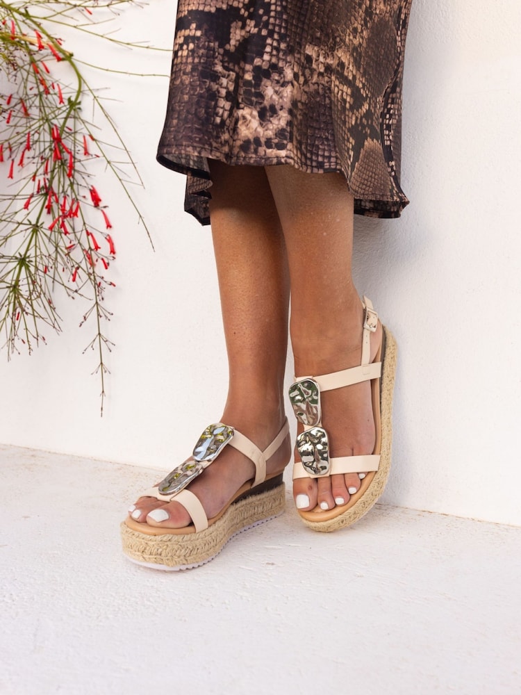 Novo Cream Wide Fit SASKIA Hardware Detail Espadrille Flatform Sandals - Image 1 of 6