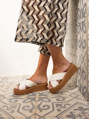 Novo White Wide Fit BRUNO Cross Strap Flatform Mule Sandals - Image 1 of 6