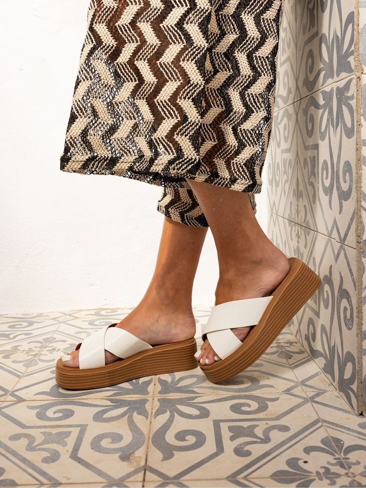 Novo White Wide Fit BRUNO Cross Strap Flatform Mule Sandals - Image 1 of 6