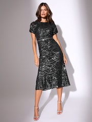 Lipsy Black Sleeve Fit Premium Sequin Embellished Short And Flare Midi Dress - Image 1 of 4