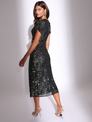 Lipsy Black Sleeve Fit Premium Sequin Embellished Short And Flare Midi Dress - Image 4 of 4
