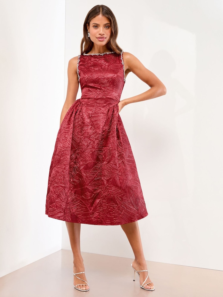 Lipsy Red Premium Textured Diamonte Embellished Skater Midi Dress - Image 1 of 4 Lipsy Red Premium Textured Diamonte Embellished Skater Midi Dress - Image 1 of 4