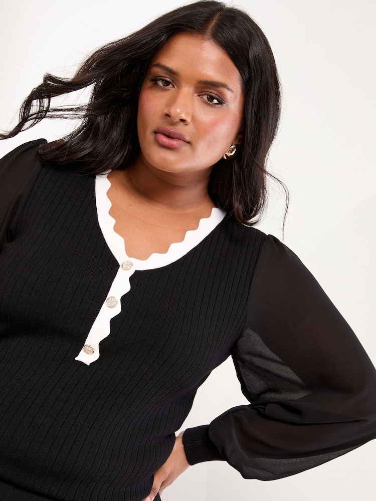 Black Curve Lipsy Tipped Scallop Chiffon Sleeve Knitted Jumper - Image 2 of 4