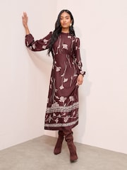 Friends Like These Purple Floral Satin Long Puff Sleeve High Neck Midi Dress - Image 1 of 4