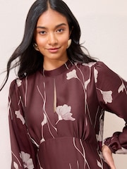 Friends Like These Purple Floral Satin Long Puff Sleeve High Neck Midi Dress - Image 2 of 4