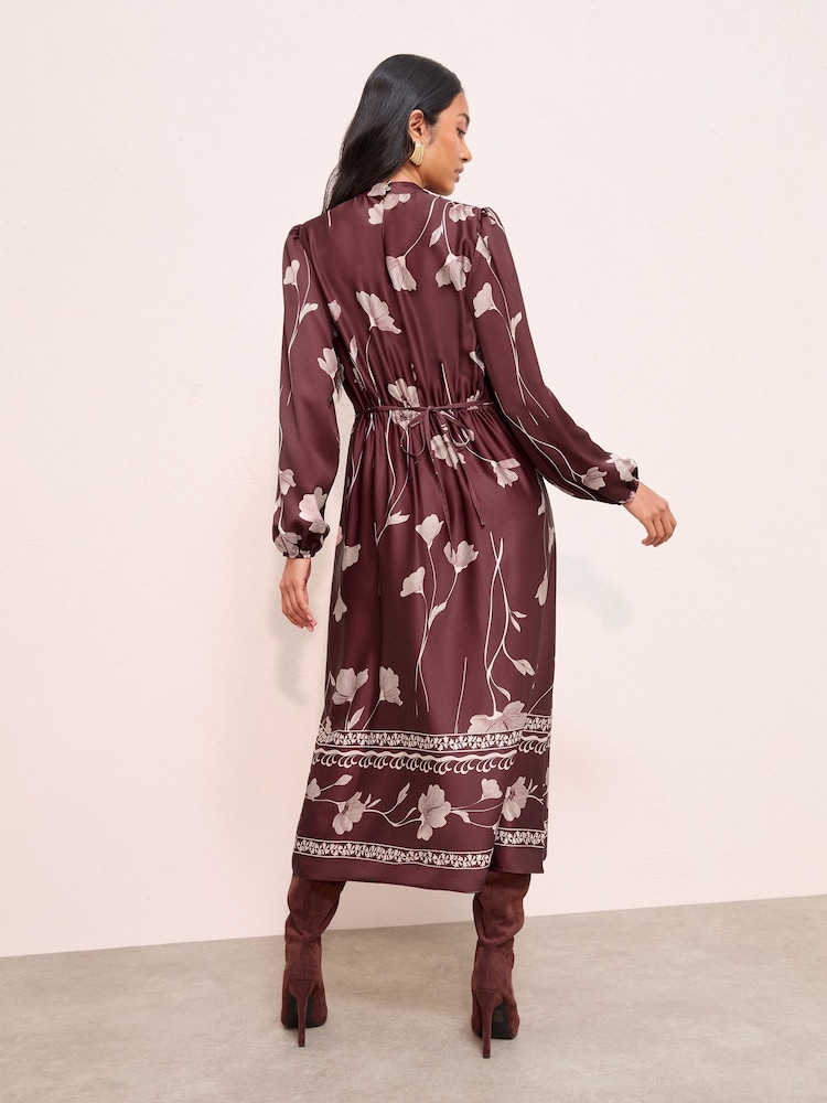 Friends Like These Purple Floral Satin Long Puff Sleeve High Neck Midi Dress - Image 4 of 4