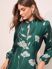 Friends Like These Green Floral Satin Long Puff Sleeve High Neck Midi Dress - Image 2 of 4
