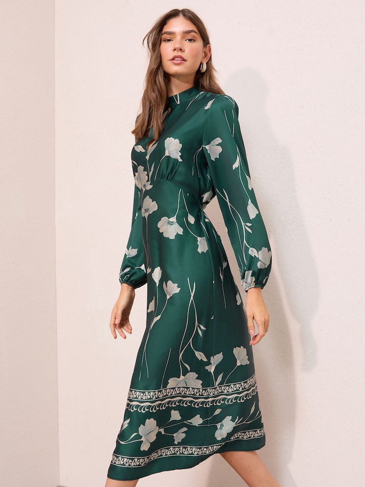 Buy Friends Like These X Lucy Mecklenburgh Green Floral Satin Long Puff  Sleeve High Neck Midi Dress from Next USA
