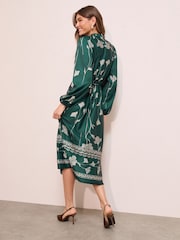 Friends Like These Green Floral Satin Long Puff Sleeve High Neck Midi Dress - Image 4 of 4