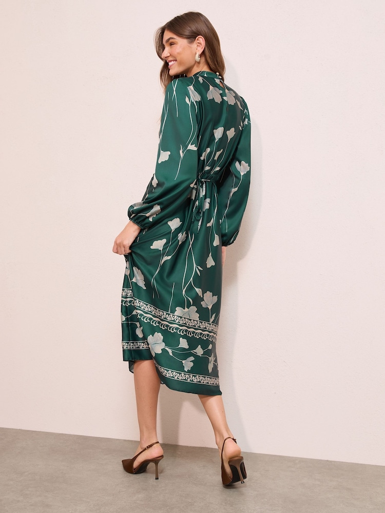 Friends Like These Green Floral Satin Long Puff Sleeve High Neck Midi Dress - Image 4 of 4 Friends Like These Green Floral Satin Long Puff Sleeve High Neck Midi Dress - Image 4 of 4