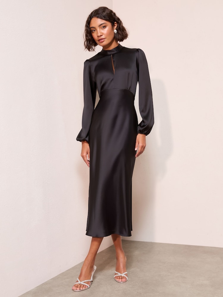 Friends Like These Black Satin Long Puff Sleeve High Neck Midi Dress - Image 1 of 4