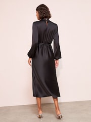 Friends Like These Black Satin Long Puff Sleeve High Neck Midi Dress - Image 4 of 4