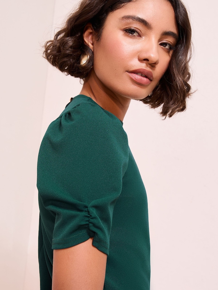 Friends Like These Green Scuba Ruched Sleeve Pep Hem Mini Dress - Image 2 of 4 Friends Like These Green Scuba Ruched Sleeve Pep Hem Mini Dress - Image 2 of 4