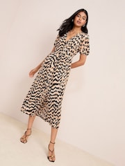Friends Like These Neutral Animal Textured Jersey Puff Sleeve V-Neck Button Midi Dress - Image 1 of 4
