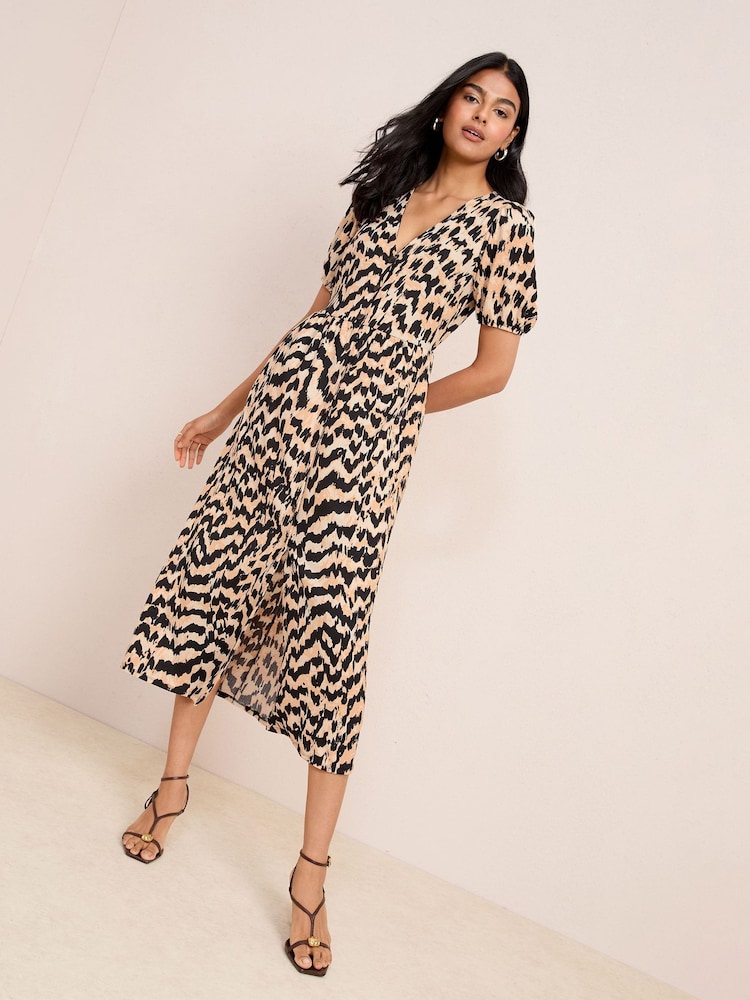 Friends Like These Neutral Animal Textured Jersey Puff Sleeve V-Neck Button Midi Dress - Image 1 of 4