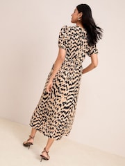 Friends Like These Neutral Animal Textured Jersey Puff Sleeve V-Neck Button Midi Dress - Image 4 of 4