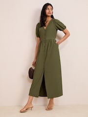 Friends Like These Khaki Green Textured Jersey Puff Sleeve V-Neck Button Midi Dress - Image 1 of 4