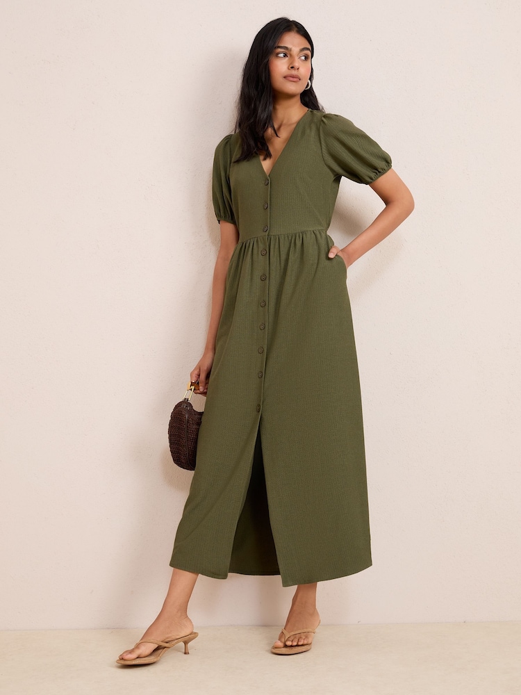 Friends Like These Khaki Green Textured Jersey Puff Sleeve V-Neck Button Midi Dress - Image 1 of 4