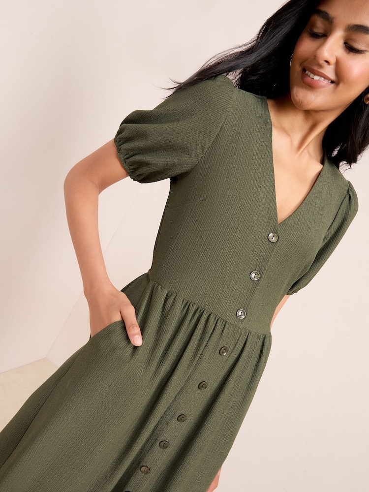 Friends Like These Khaki Green Textured Jersey Puff Sleeve V-Neck Button Midi Dress - Image 2 of 4