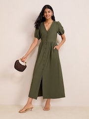 Friends Like These Khaki Green Textured Jersey Puff Sleeve V-Neck Button Midi Dress - Image 3 of 4