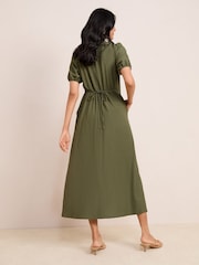 Friends Like These Khaki Green Textured Jersey Puff Sleeve V-Neck Button Midi Dress - Image 4 of 4