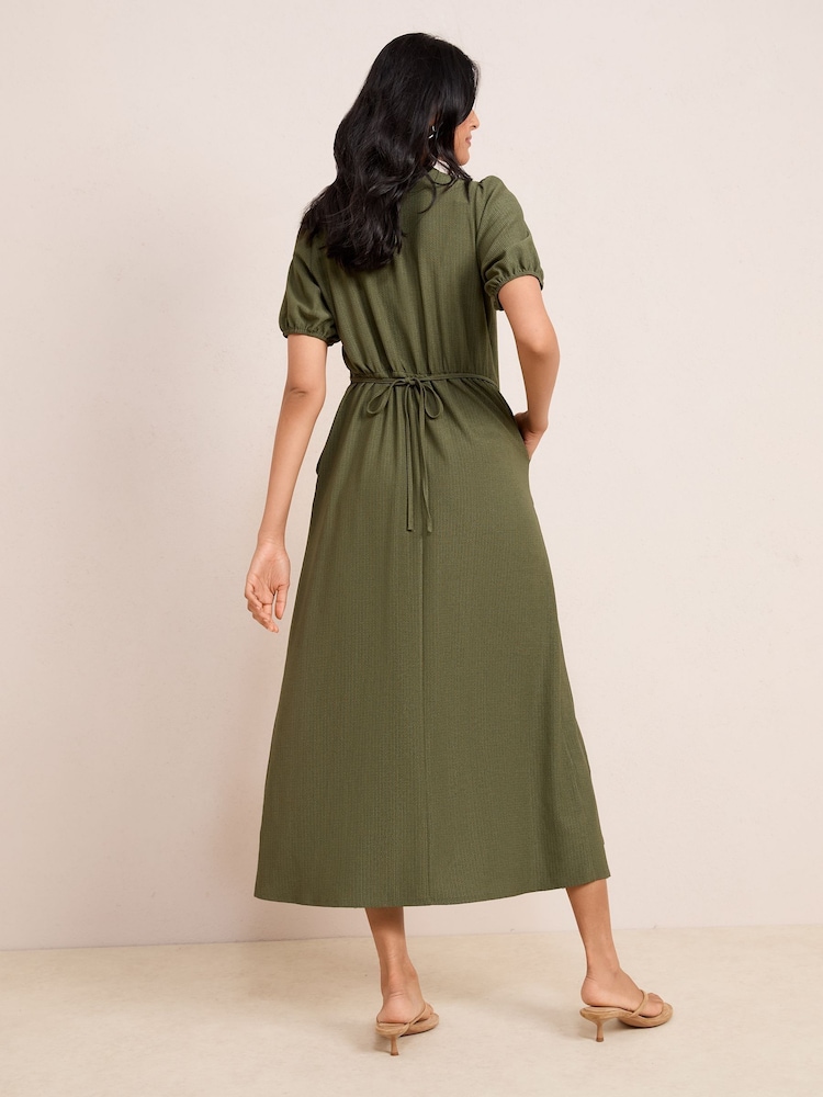 Friends Like These Khaki Green Textured Jersey Puff Sleeve V-Neck Button Midi Dress - Image 4 of 4