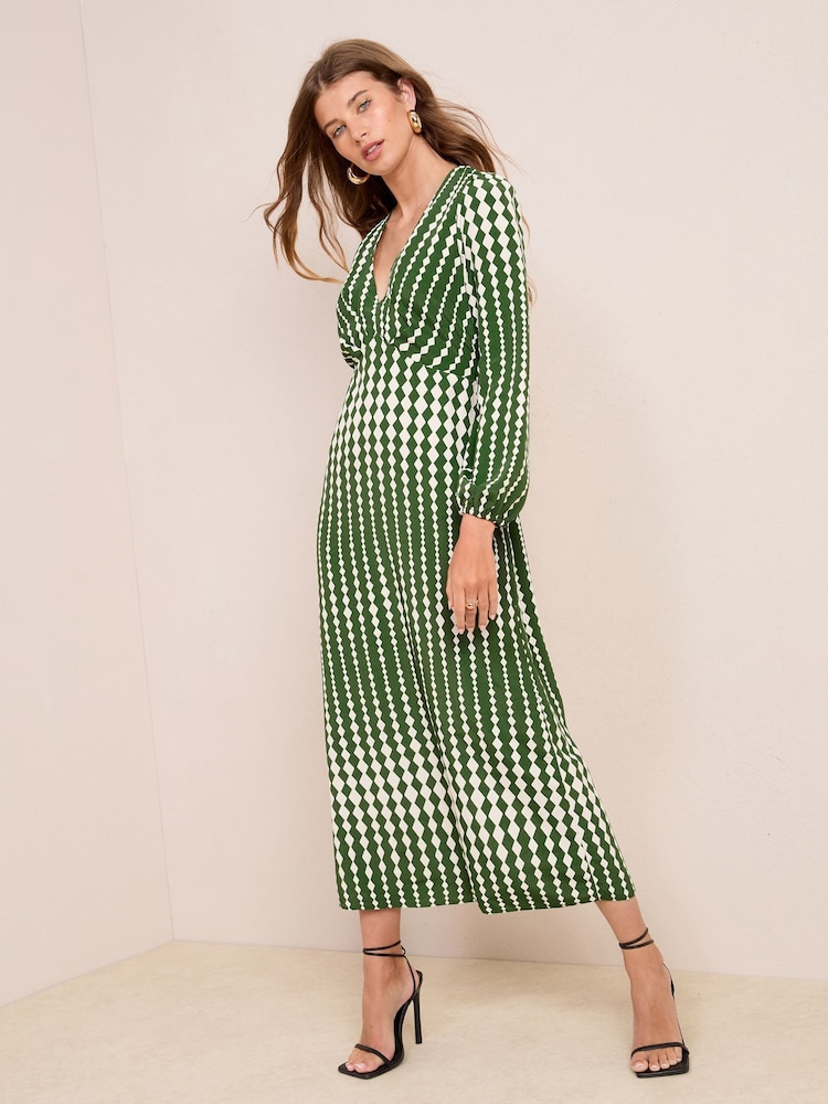 Friends Like These Green Geo Empire Long Sleeve Midi Dress - Image 1 of 11