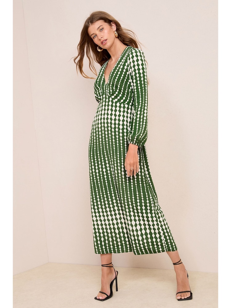 Friends Like These Green Geo Empire Long Sleeve Midi Dress - Image 2 of 11