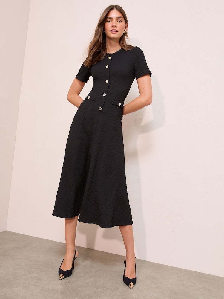 Friends Like These Black Textured Jersey Drop Waist Button Detail Midi Dress - Image 1 of 4 Friends Like These Black Textured Jersey Drop Waist Button Detail Midi Dress - Image 1 of 4
