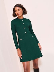 Friends Like These Bottle Green Jersey Button Detail Long Sleeve Mini Dress - Image 1 of 4
