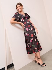 Friends Like These Black Floral Satin V-Neck Ruffle Sleeve Midi Dress - Image 1 of 4
