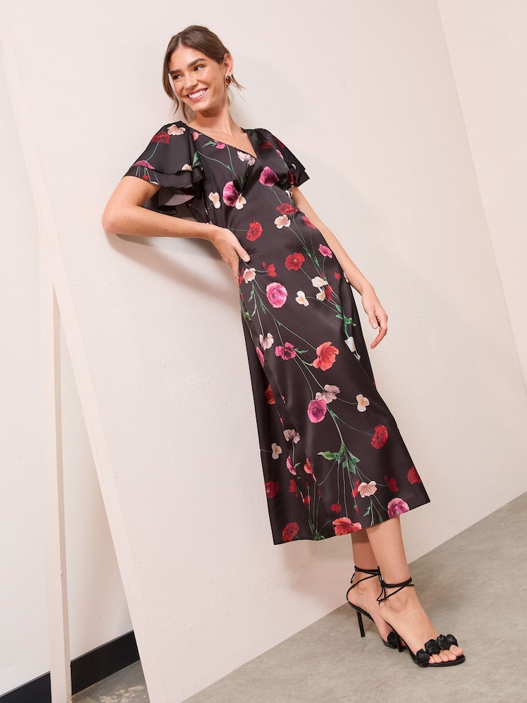 Friends Like These Black Floral Satin V-Neck Ruffle Sleeve Midi Dress - Image 1 of 4