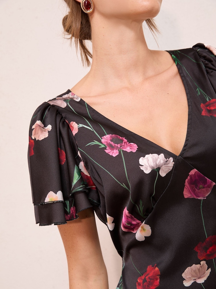 Friends Like These Black Floral Satin V-Neck Ruffle Sleeve Midi Dress - Image 2 of 4
