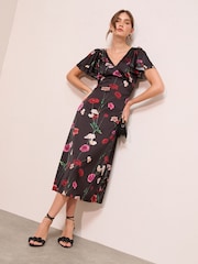 Friends Like These Black Floral Satin V-Neck Ruffle Sleeve Midi Dress - Image 3 of 4