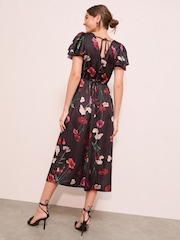 Friends Like These Black Floral Satin V-Neck Ruffle Sleeve Midi Dress - Image 4 of 4