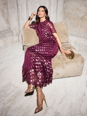 Friends Like These Red Foil Spot Short Sleeve Chiffon Tiered Maxi Dress - Image 3 of 4