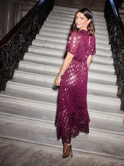 Friends Like These Red Foil Spot Short Sleeve Chiffon Tiered Maxi Dress - Image 4 of 4