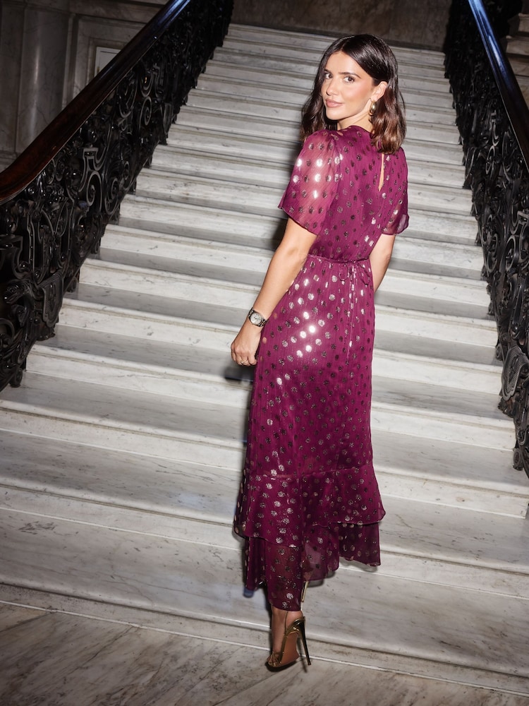 Friends Like These Red Foil Spot Short Sleeve Chiffon Tiered Maxi Dress - Image 4 of 4