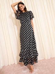 Friends Like These Black and Silver Foil Spot Short Sleeve Chiffon Tiered Maxi Dress - Image 3 of 4