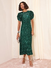 Friends Like These X Lucy Mecklenburgh Green Scoop Neck Ruched Puff Sleeve Sequin Midi Dress - Image 1 of 5