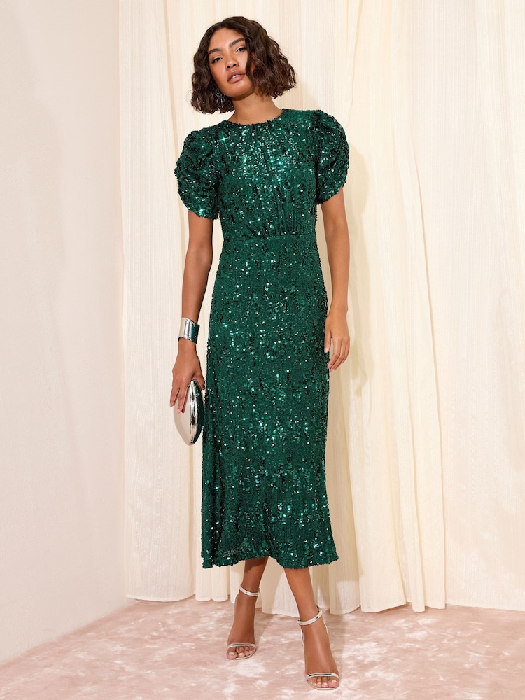 Friends Like These X Lucy Mecklenburgh Green Scoop Neck Ruched Puff Sleeve Sequin Midi Dress - Image 1 of 5